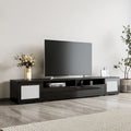 Mobile TV da 82" con ante a pressione, decorazioni in rattan e illuminazione LED
