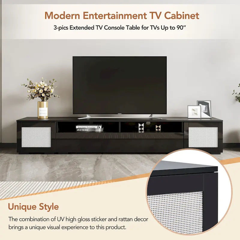 Meuble TV de 82 pouces avec portes à ouverture par pression, décoration en rotin et éclairage LED