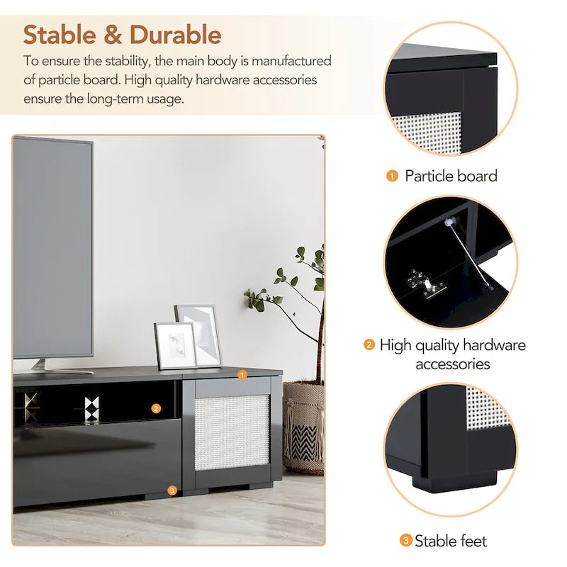 Meuble TV de 82 pouces avec portes à ouverture par pression, décoration en rotin et éclairage LED