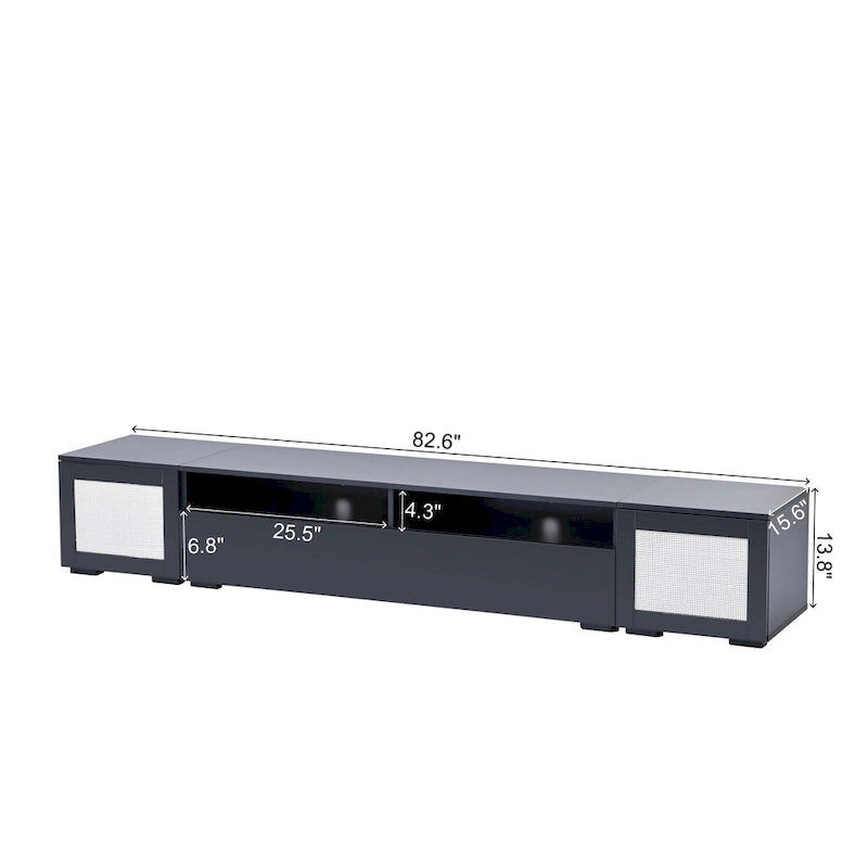 Mobile TV da 82" con ante a pressione, decorazioni in rattan e illuminazione LED