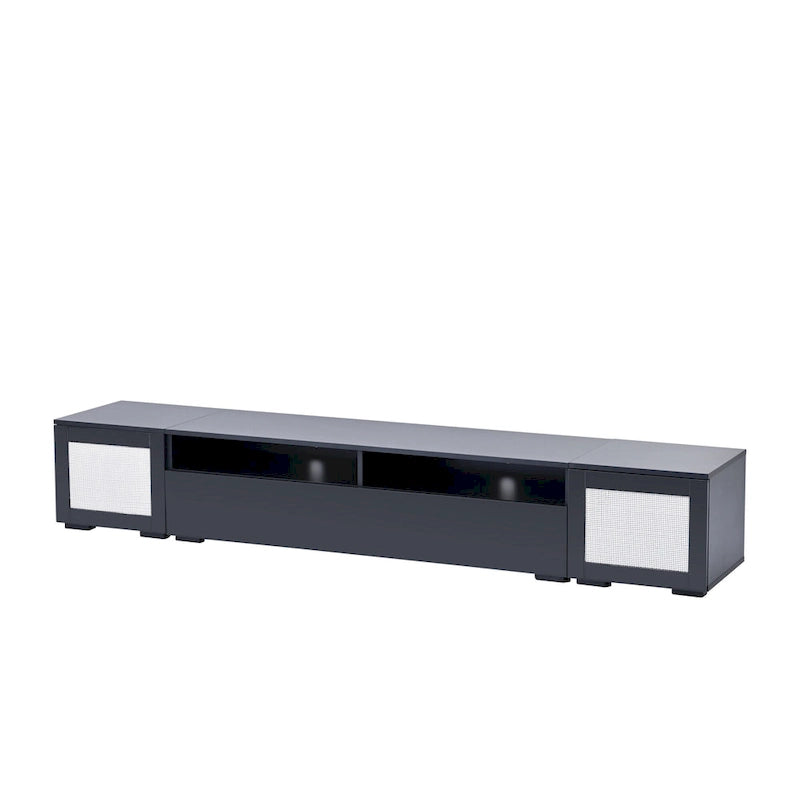 Mobile TV da 82" con ante a pressione, decorazioni in rattan e illuminazione LED
