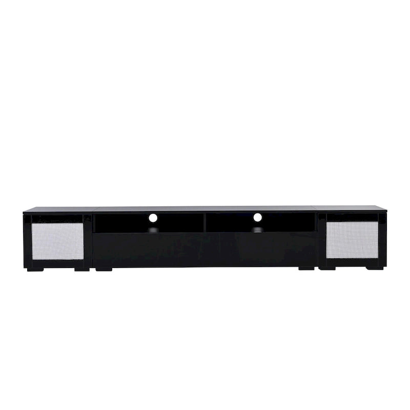 Mobile TV da 82" con ante a pressione, decorazioni in rattan e illuminazione LED