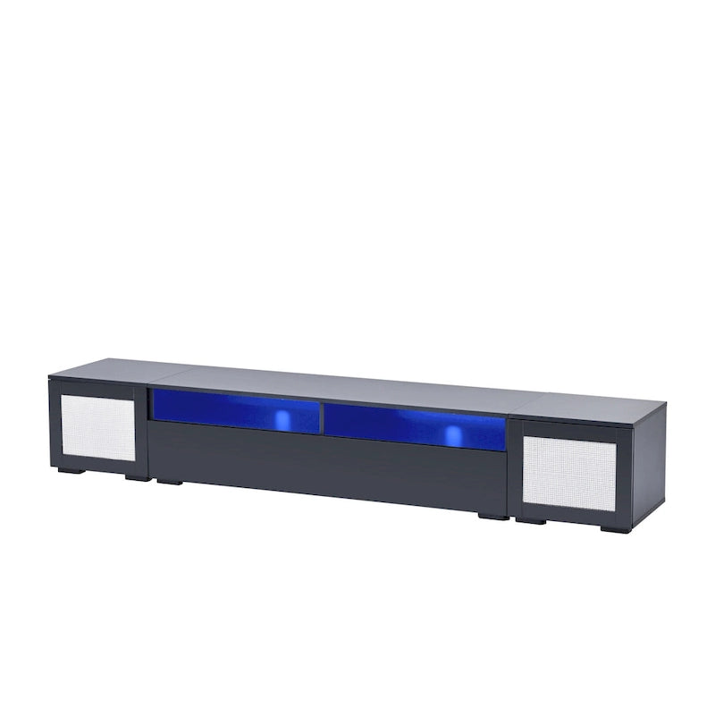 Mobile TV da 82" con ante a pressione, decorazioni in rattan e illuminazione LED