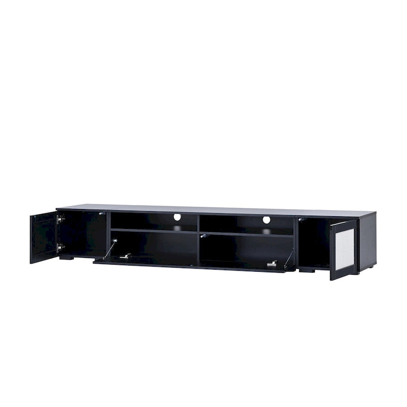 Mobile TV da 82" con ante a pressione, decorazioni in rattan e illuminazione LED