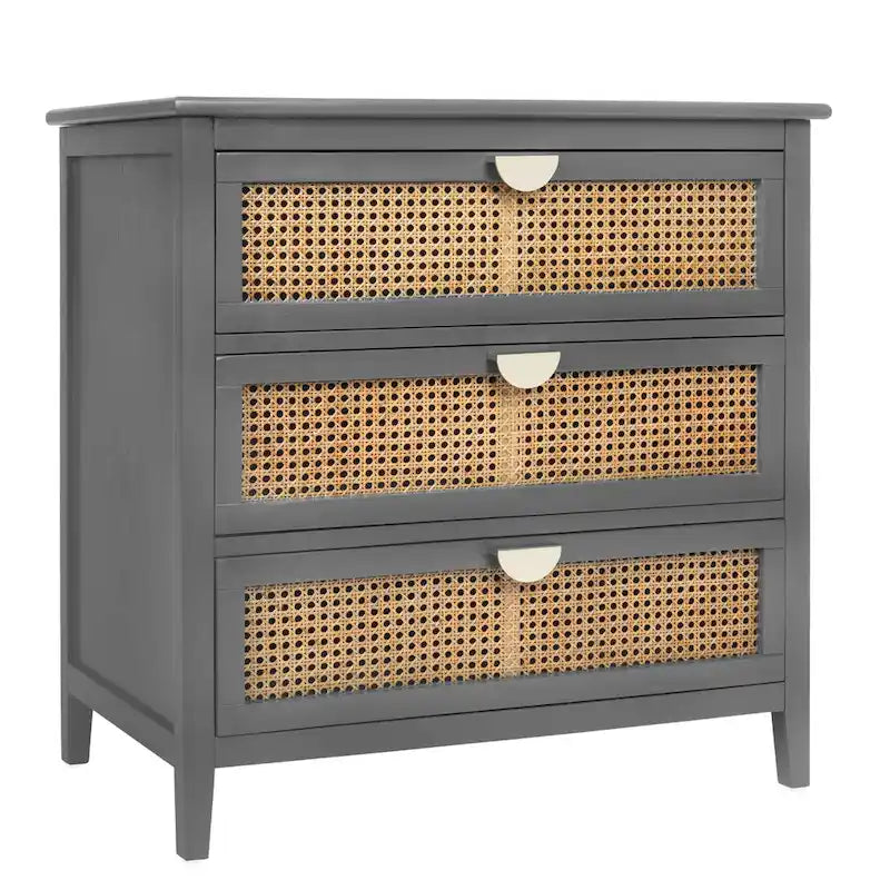 Cassettiera a 3 cassetti con frontale in rattan intagliato