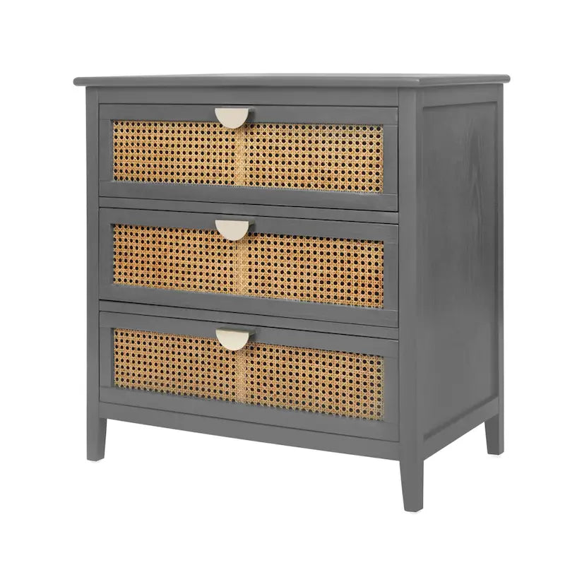 Cassettiera a 3 cassetti con frontale in rattan intagliato