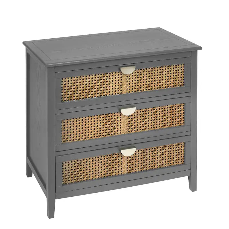 Cassettiera a 3 cassetti con frontale in rattan intagliato