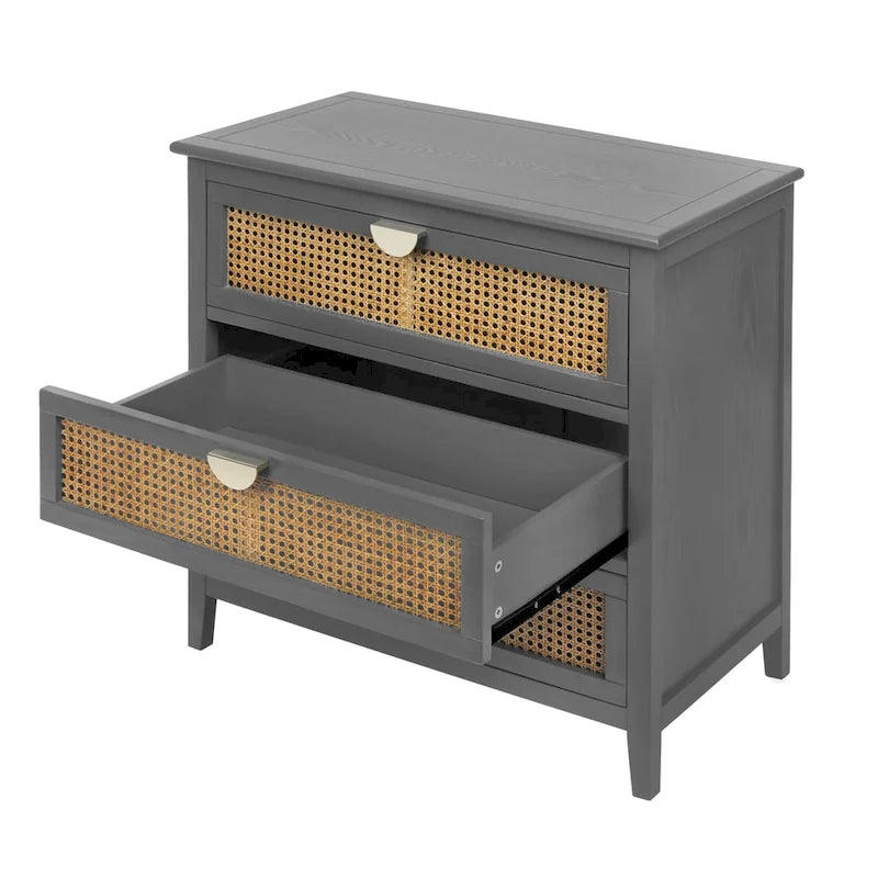 Cassettiera a 3 cassetti con frontale in rattan intagliato