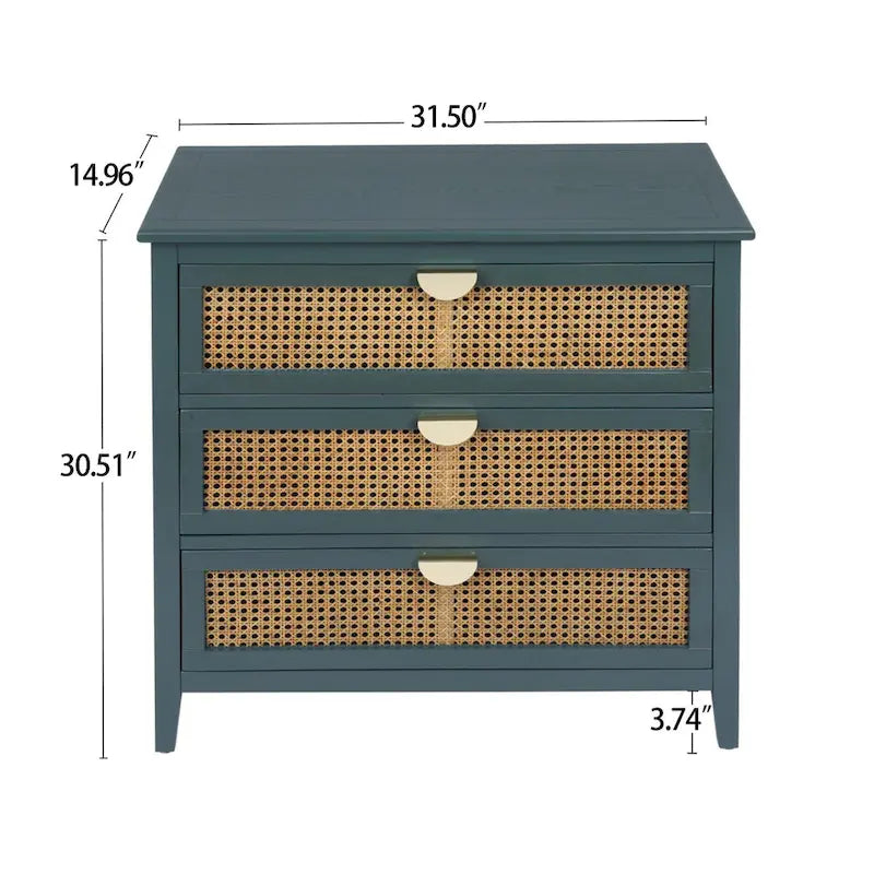 Cassettiera a 3 cassetti con frontale in rattan intagliato