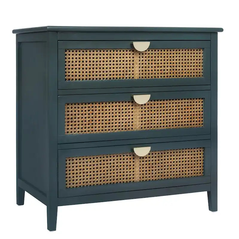 Cassettiera a 3 cassetti con frontale in rattan intagliato