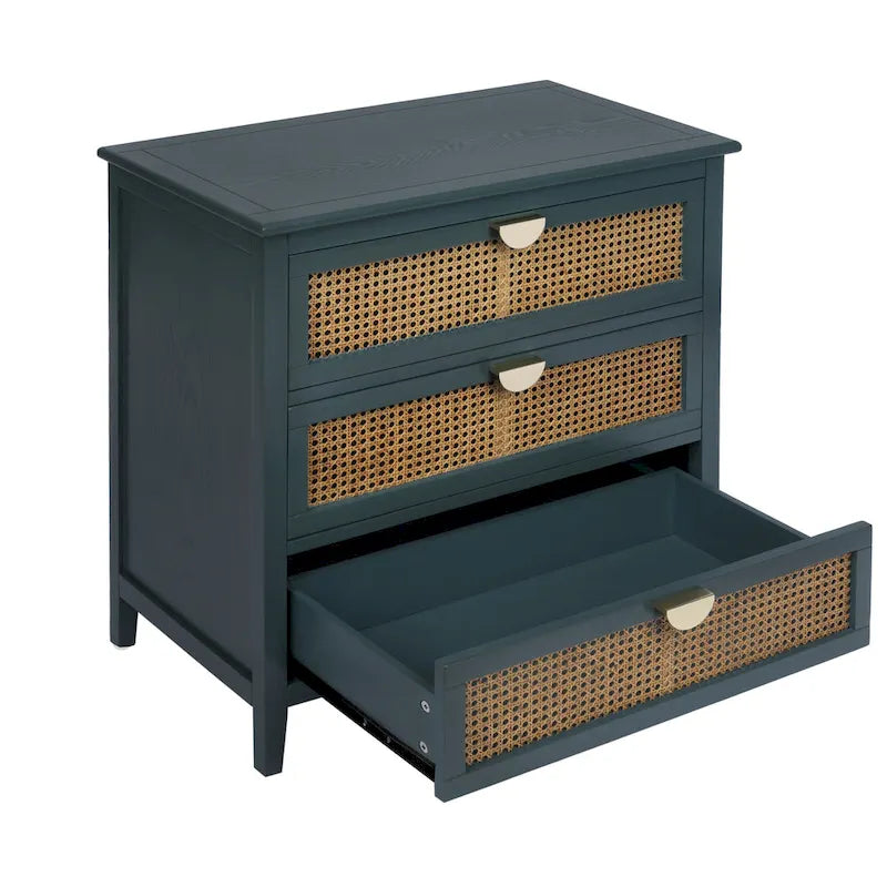 Cassettiera a 3 cassetti con frontale in rattan intagliato