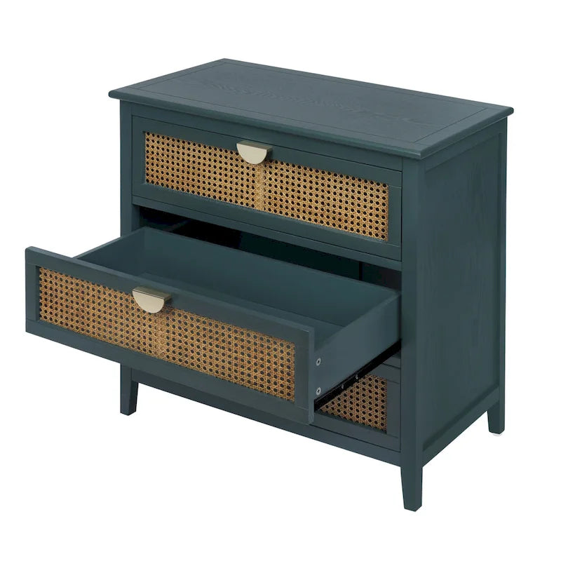 Cassettiera a 3 cassetti con frontale in rattan intagliato