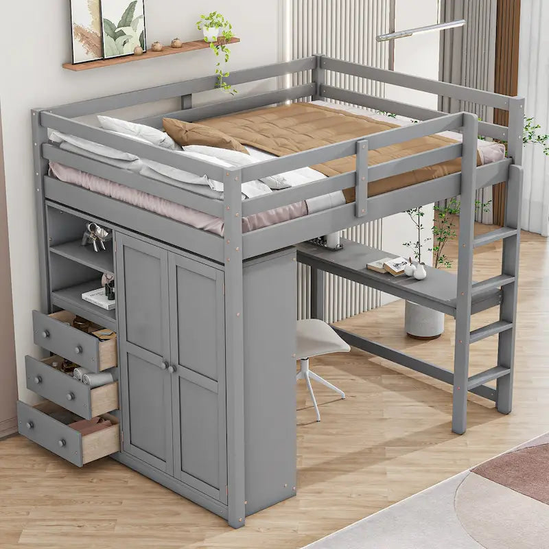 Letto a soppalco matrimoniale interamente in legno massello con armadio e scrivania