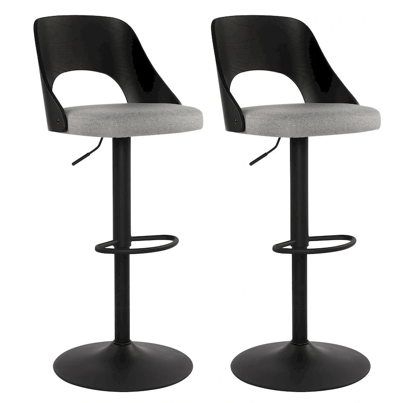 Ensemble de 2 tabourets de bar pivotants réglables avec assise rembourrée en tissu et dossier en bois courbé