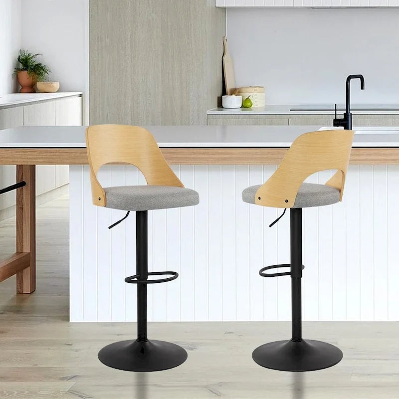 Ensemble de 2 tabourets de bar pivotants réglables avec assise rembourrée en tissu et dossier en bois courbé