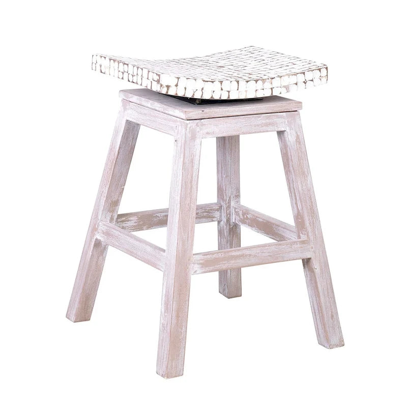 Tabouret de comptoir pivotant en coque de noix de coco avec base en bois de manguier - blanc