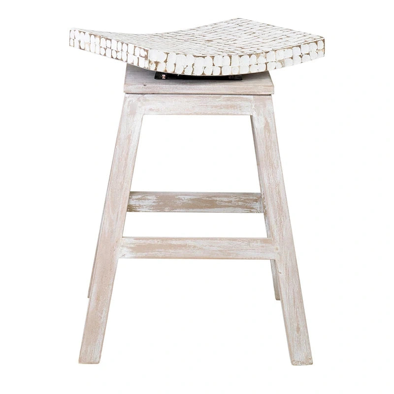Sgabello girevole da bancone in guscio di cocco con base in legno di mango - Bianco