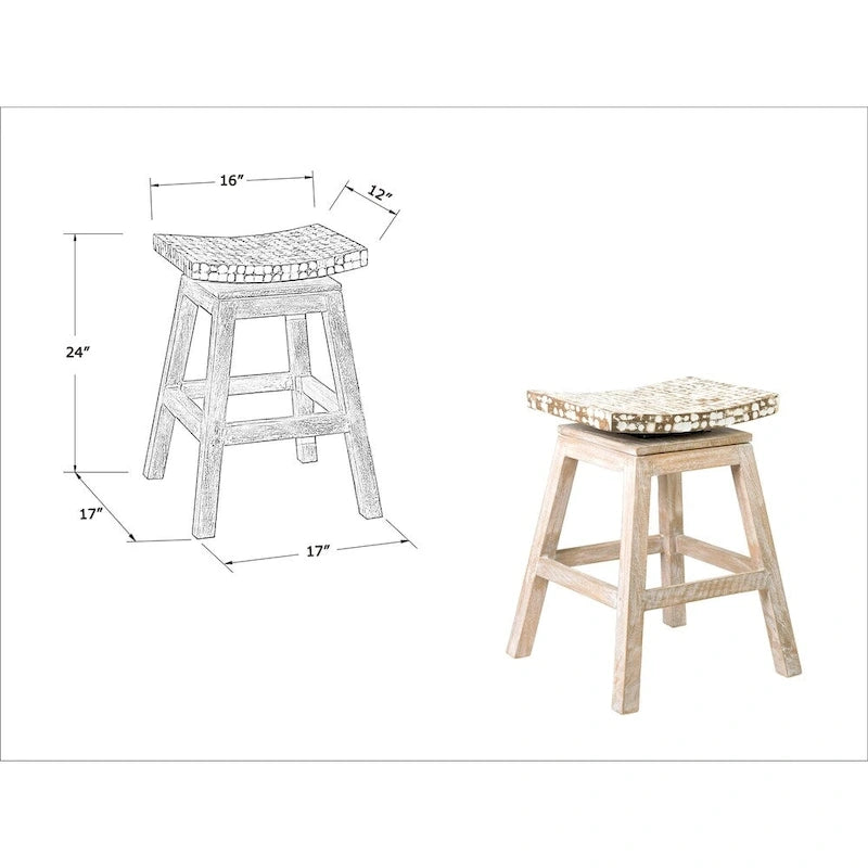 Tabouret de comptoir pivotant en coque de noix de coco avec base en bois de manguier - blanc