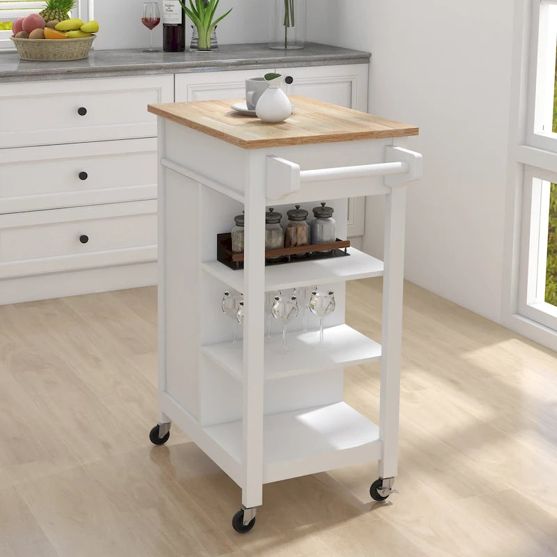 Carrello isola da cucina con cassetto, mobiletto e piano in legno di gomma