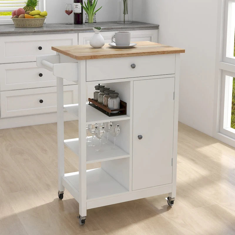 Carrello isola da cucina con cassetto, mobiletto e piano in legno di gomma