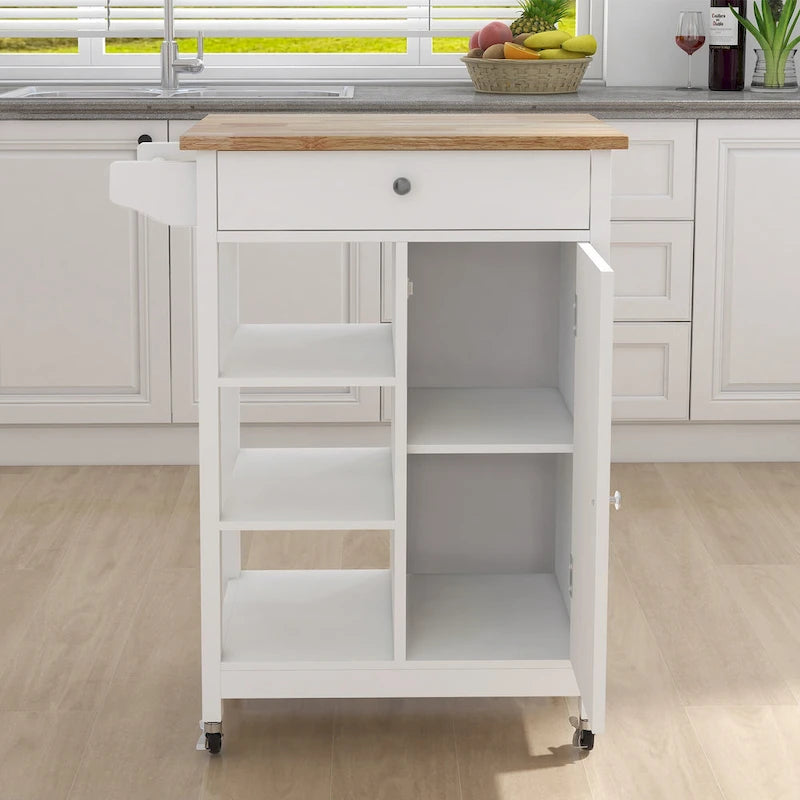 Carrello isola da cucina con cassetto, mobiletto e piano in legno di gomma