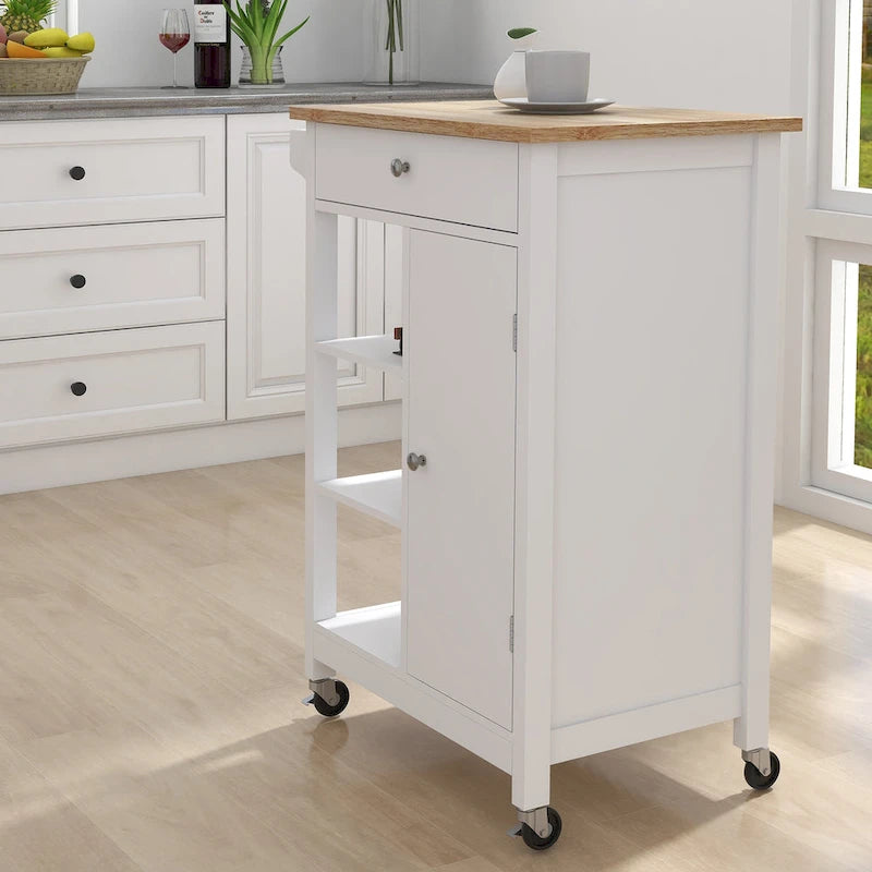 Carrello isola da cucina con cassetto, mobiletto e piano in legno di gomma