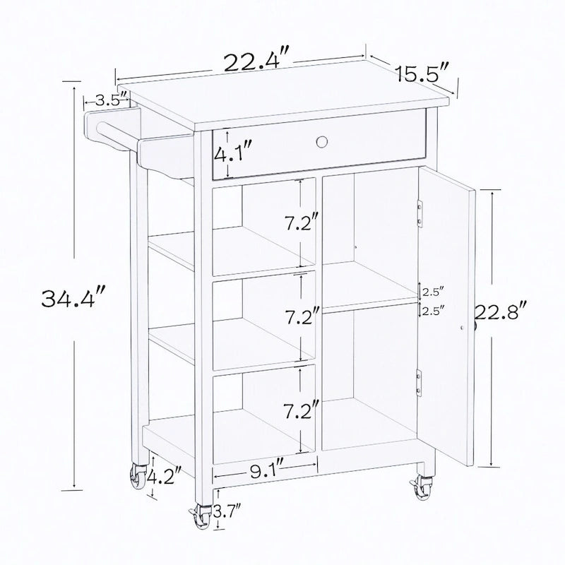 Carrello isola da cucina con cassetto, mobiletto e piano in legno di gomma