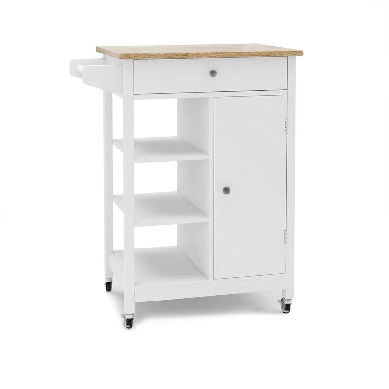 Carrello isola da cucina con cassetto, mobiletto e piano in legno di gomma
