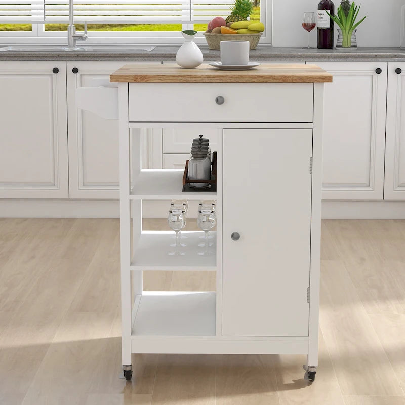 Carrello isola da cucina con cassetto, mobiletto e piano in legno di gomma