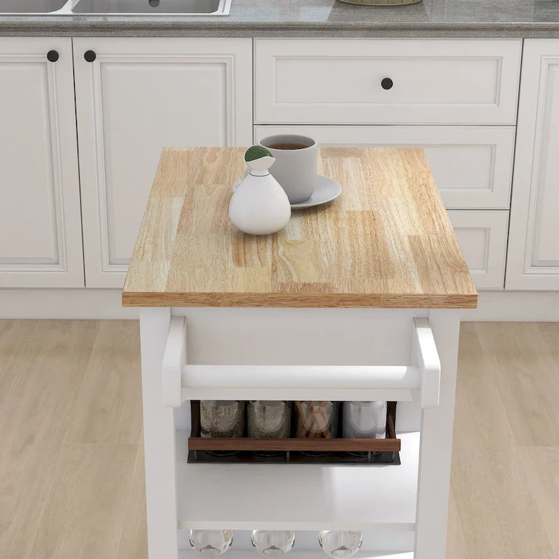 Carrello isola da cucina con cassetto, mobiletto e piano in legno di gomma