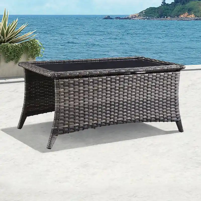 Outdoor PE Rattan Coffee Table with Tempered Glass Top