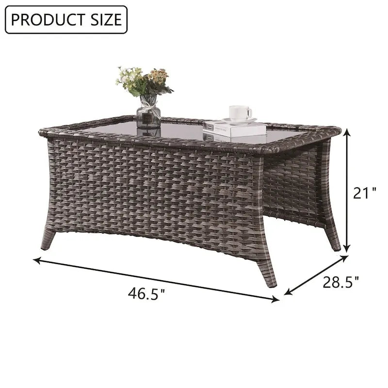 Outdoor PE Rattan Coffee Table with Tempered Glass Top