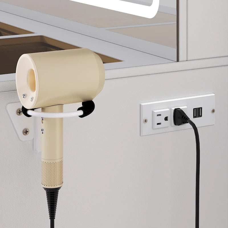 Toeletta da 47" con luci LED e prese di corrente, tavolo da trucco con divisori e supporto per asciugacapelli