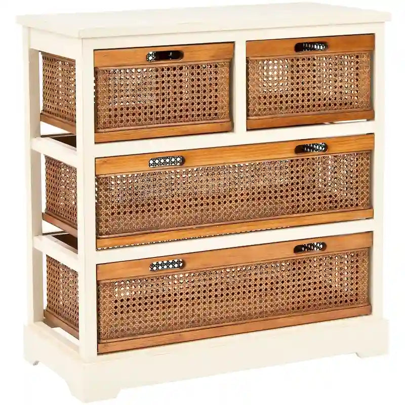 Meuble de rangement blanc à 4 tiroirs avec paniers en canne - 29.1 x 13.8 x 30.3