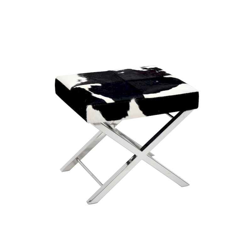 Poltrona pouf in acciaio inox cromato con pelle effetto pelo bianca e nera