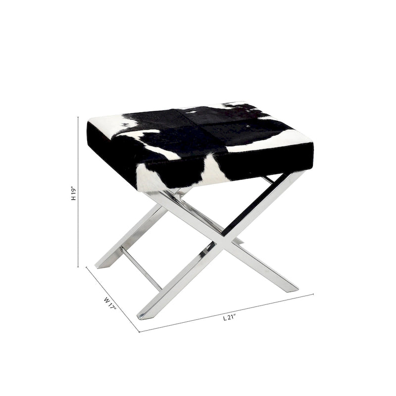 Poltrona pouf in acciaio inox cromato con pelle effetto pelo bianca e nera