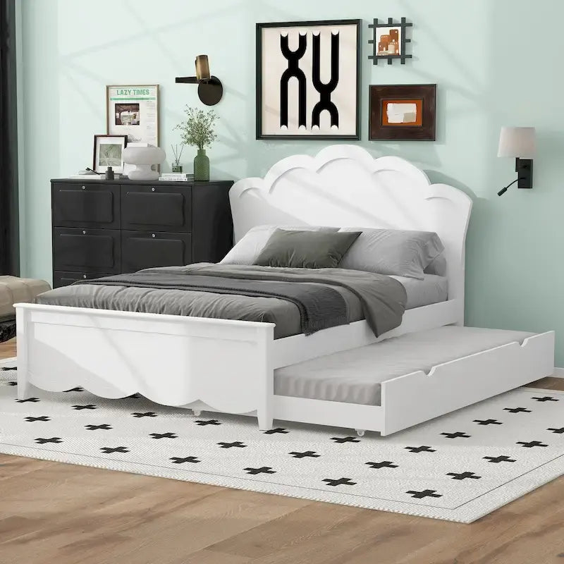 Letto a piattaforma in legno full size con testiera e letto estraibile twin, bianco