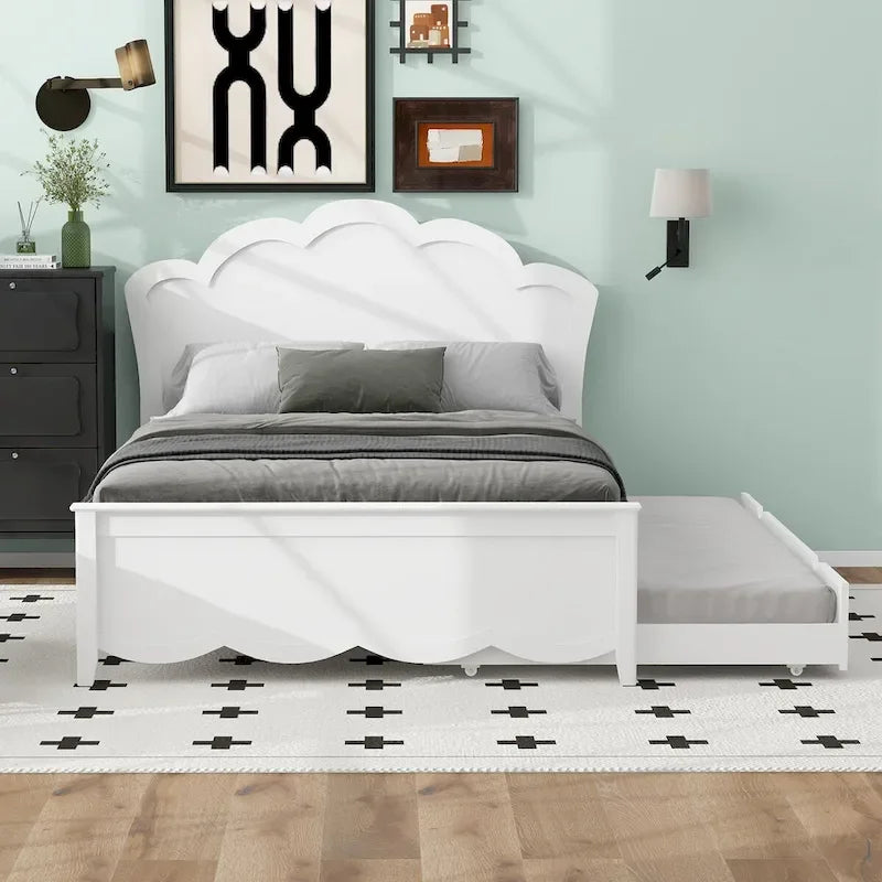 Letto a piattaforma in legno full size con testiera e letto estraibile twin, bianco