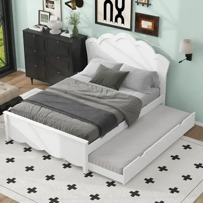 Letto a piattaforma in legno full size con testiera e letto estraibile twin, bianco