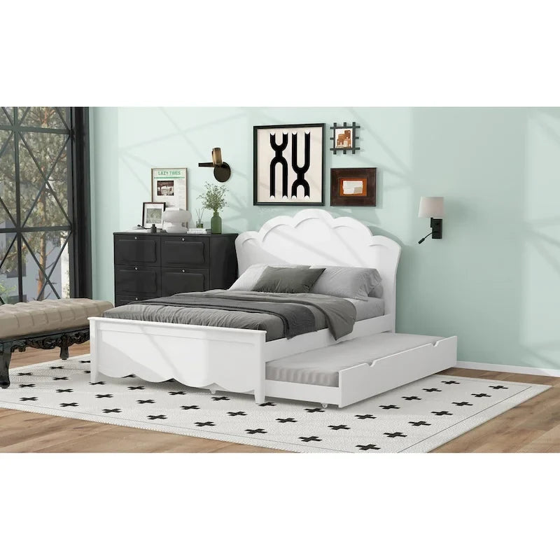 Letto a piattaforma in legno full size con testiera e letto estraibile twin, bianco