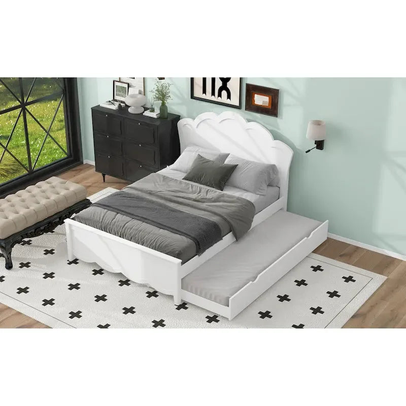 Letto a piattaforma in legno full size con testiera e letto estraibile twin, bianco