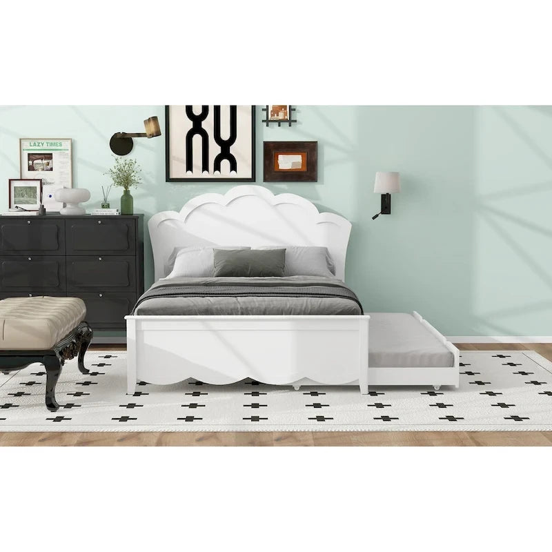 Letto a piattaforma in legno full size con testiera e letto estraibile twin, bianco