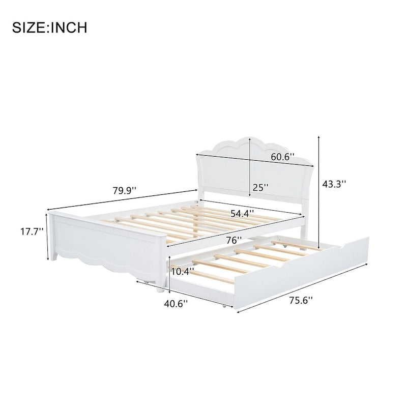 Letto a piattaforma in legno full size con testiera e letto estraibile twin, bianco