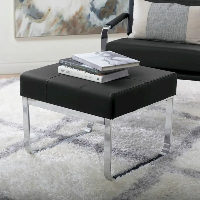 Pouf moderno rettangolare in metallo e pelle mista