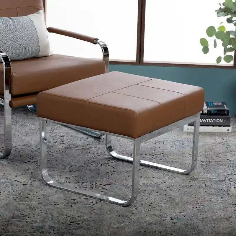 Pouf moderno rettangolare in metallo e pelle mista