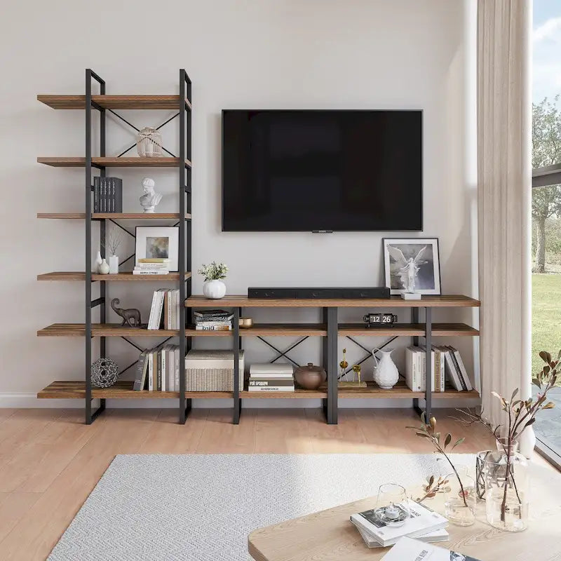 Meuble TV et multimédia en noyer antique avec bibliothèque à 6 niveaux - 106W x 14D x 85H