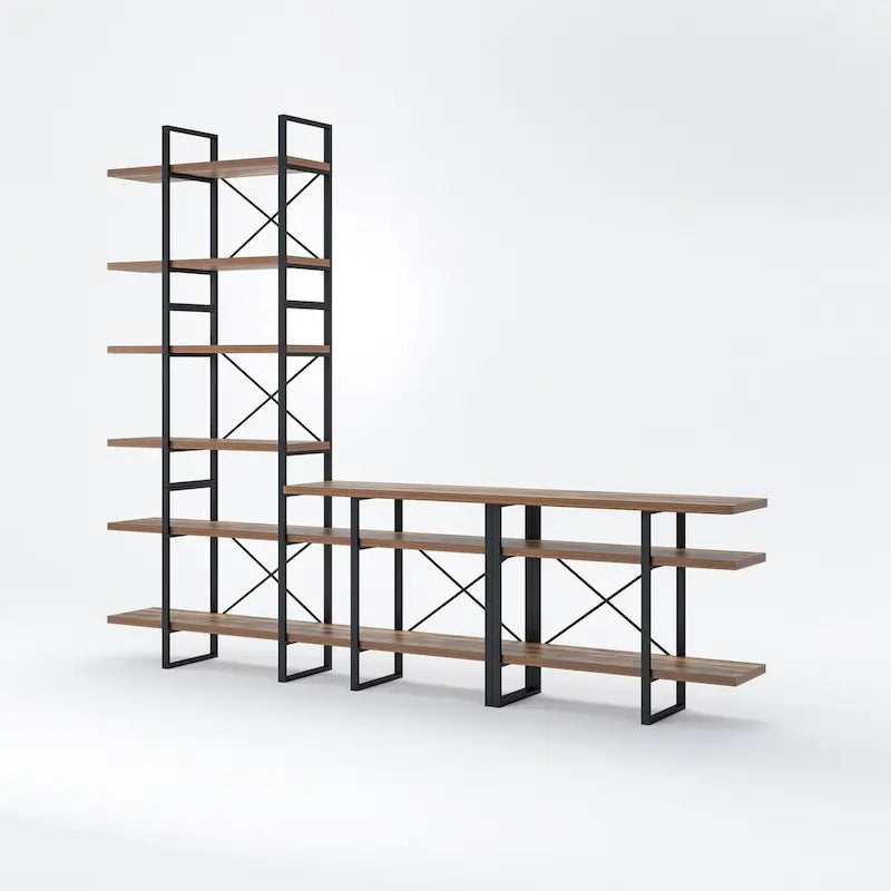 Meuble TV et multimédia en noyer antique avec bibliothèque à 6 niveaux - 106W x 14D x 85H