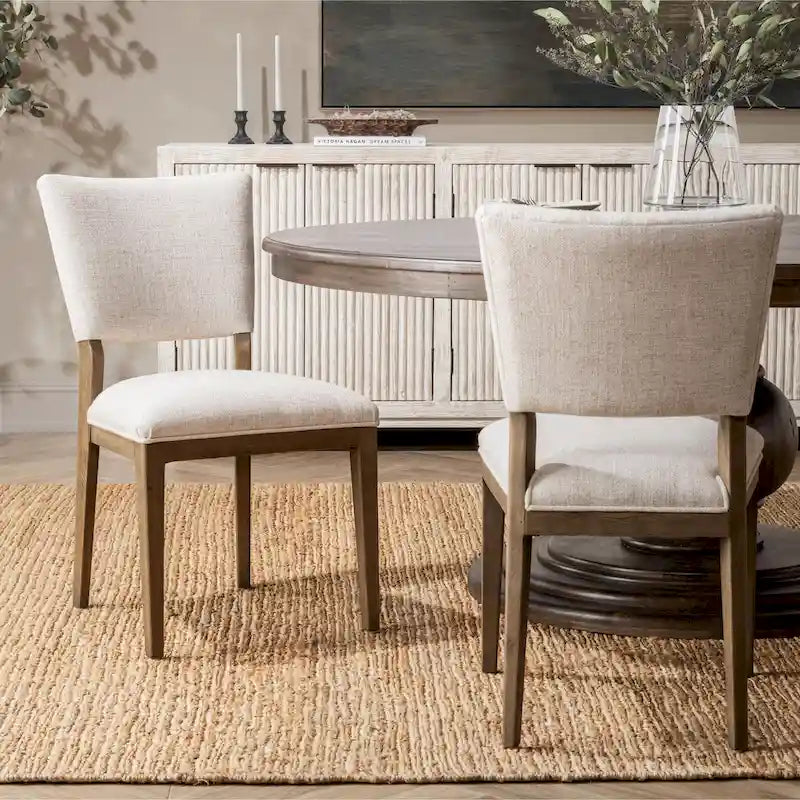 Sedia da pranzo imbottita in misto lino con gambe in legno di gomma - Set da 2