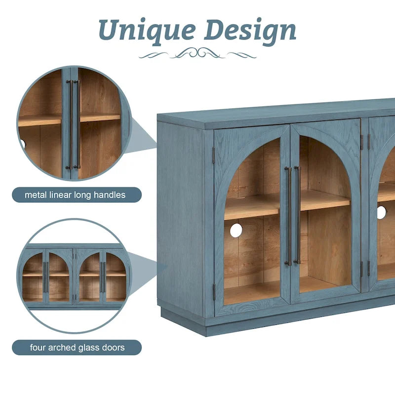 Grande credenza retrò a 4 ante con maniglie in metallo e ripiani regolabili per cucina, sala da pranzo e soggiorno