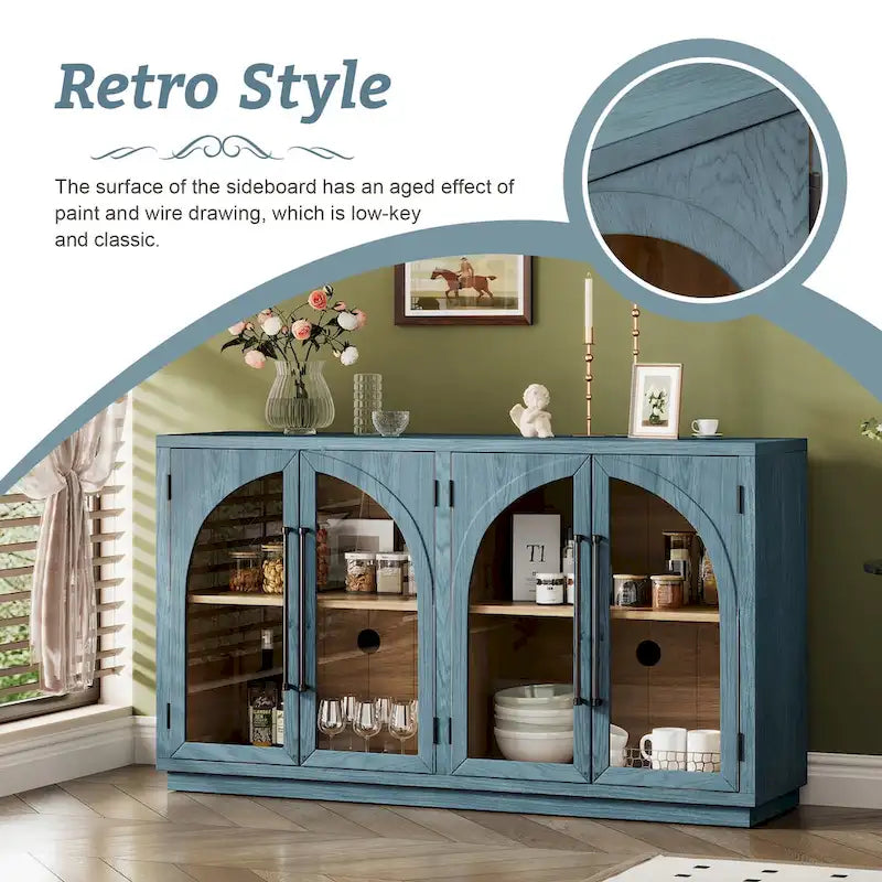 Grande credenza retrò a 4 ante con maniglie in metallo e ripiani regolabili per cucina, sala da pranzo e soggiorno